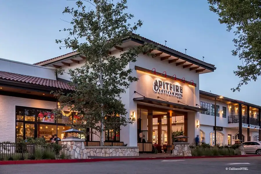 Outside of Pitfire Artisan Pizza restraunt showing the sign.