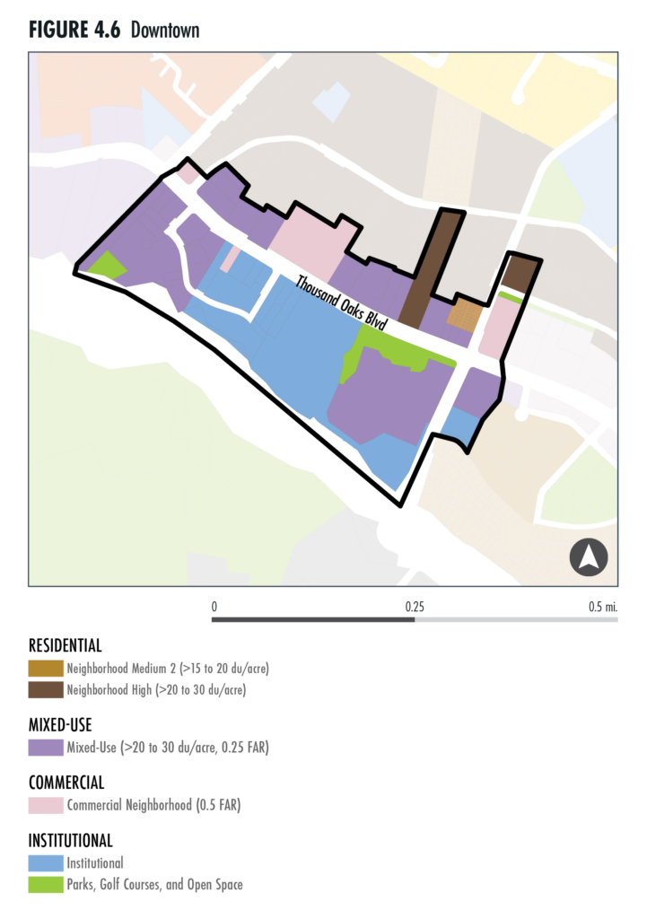 Map of the downtown sub area depicting the different residential, mixed-use, commercial, and institutional land uses found within.