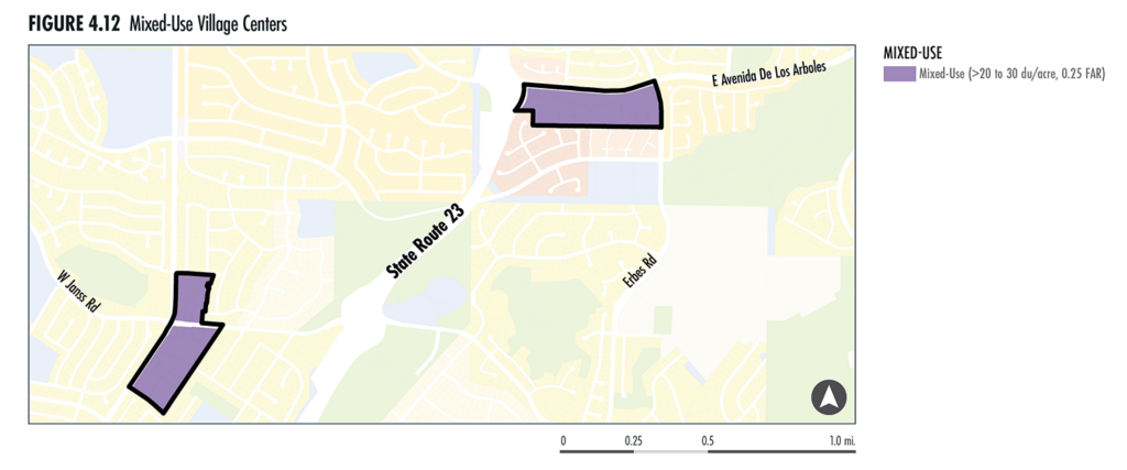 Map focused on mixed-use village centers within the City of Thousand Oaks.