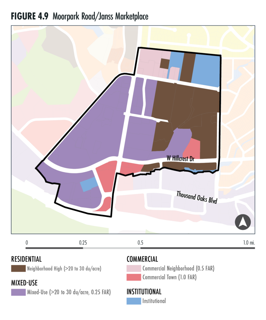 Map depicting the Moorpark Road-Janss Marketplace subarea showing the residential, mixed-use, commercial, and institutional land uses found within.