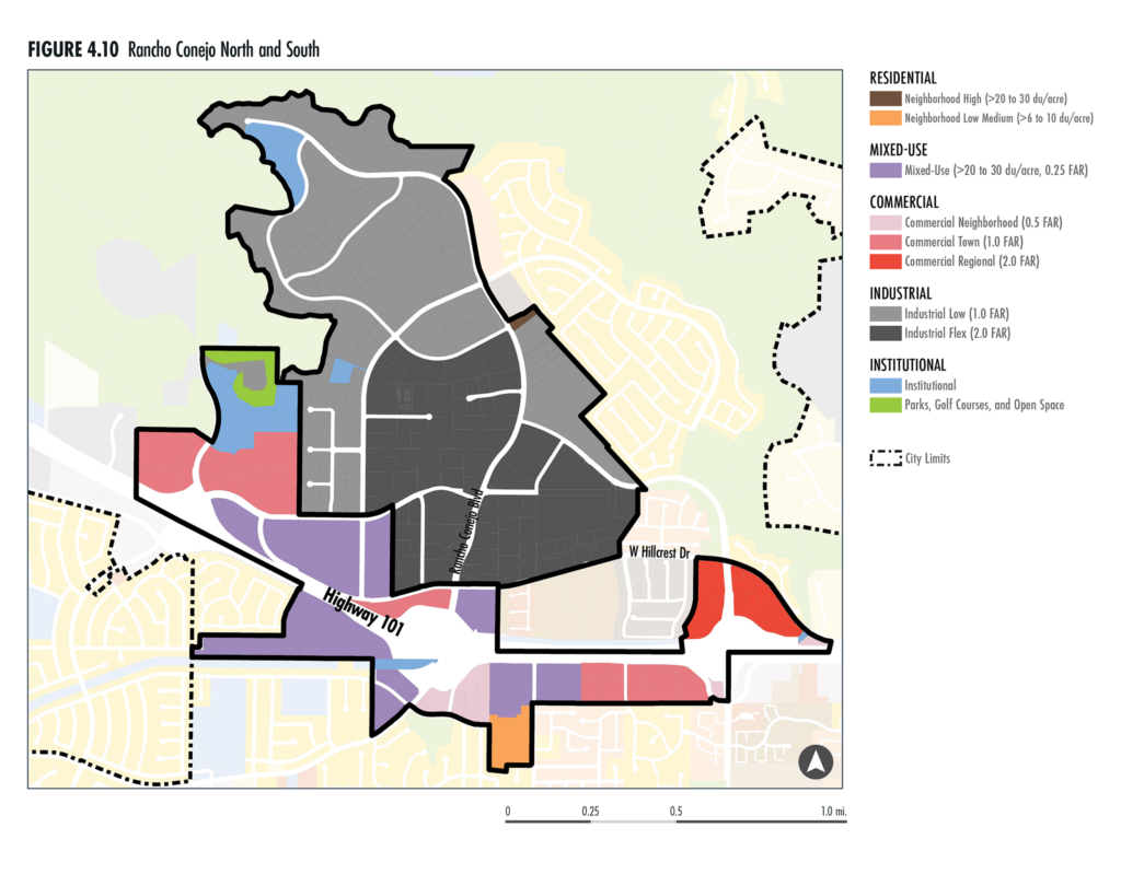 Map of the Rancho Conejo North and South sub areas depicting the residential, mixed-use, commercial, industrial, and institutional land uses.