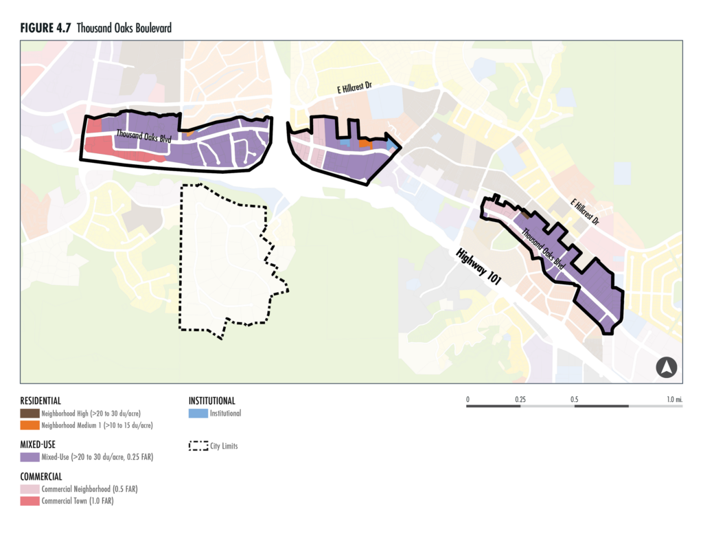 Map of Thousand Oaks Boulevard sub area depicting the residential, mixed-use, commercial, and institutional land uses found within.