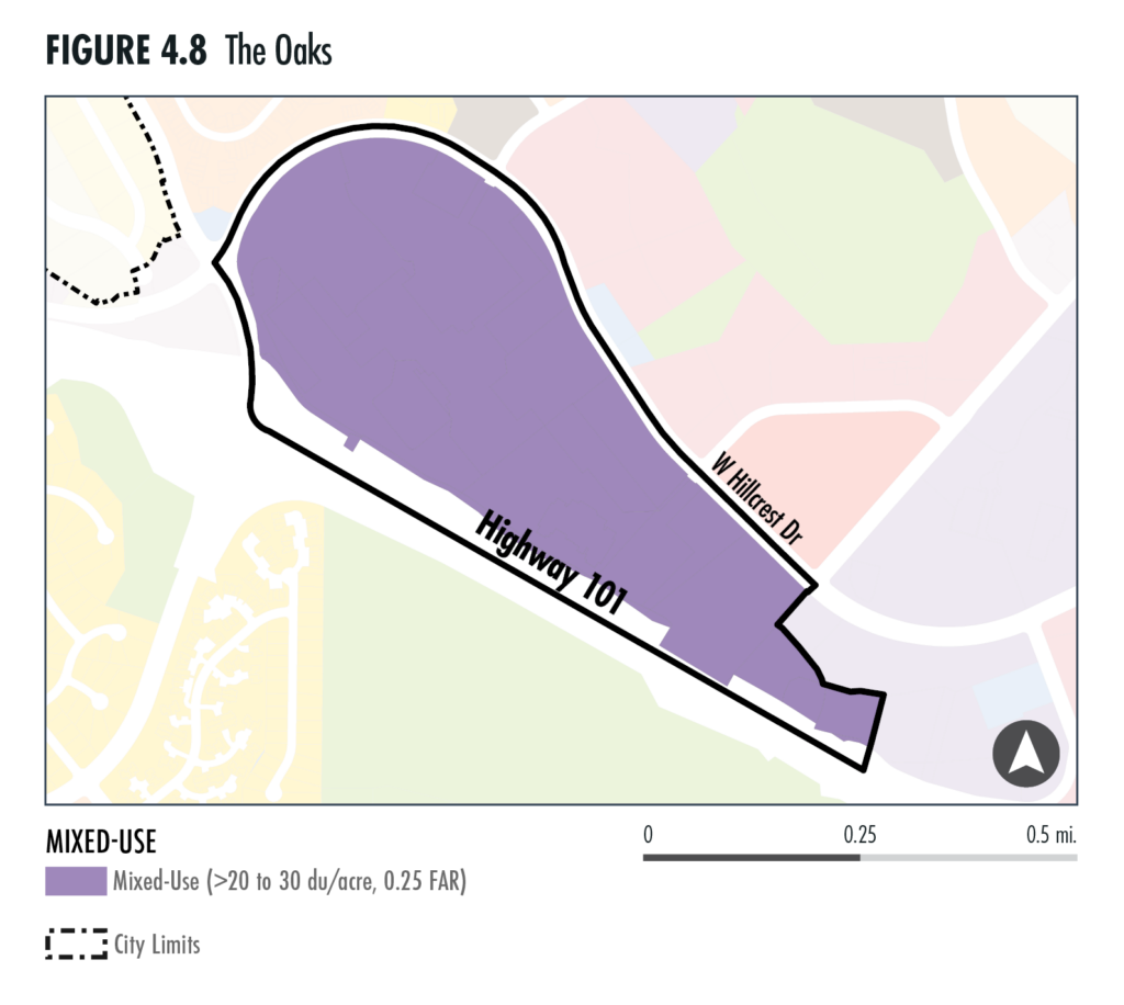 Map of The Oaks sub area showing the mixed-use sub area which encapsulate the entire sub area.