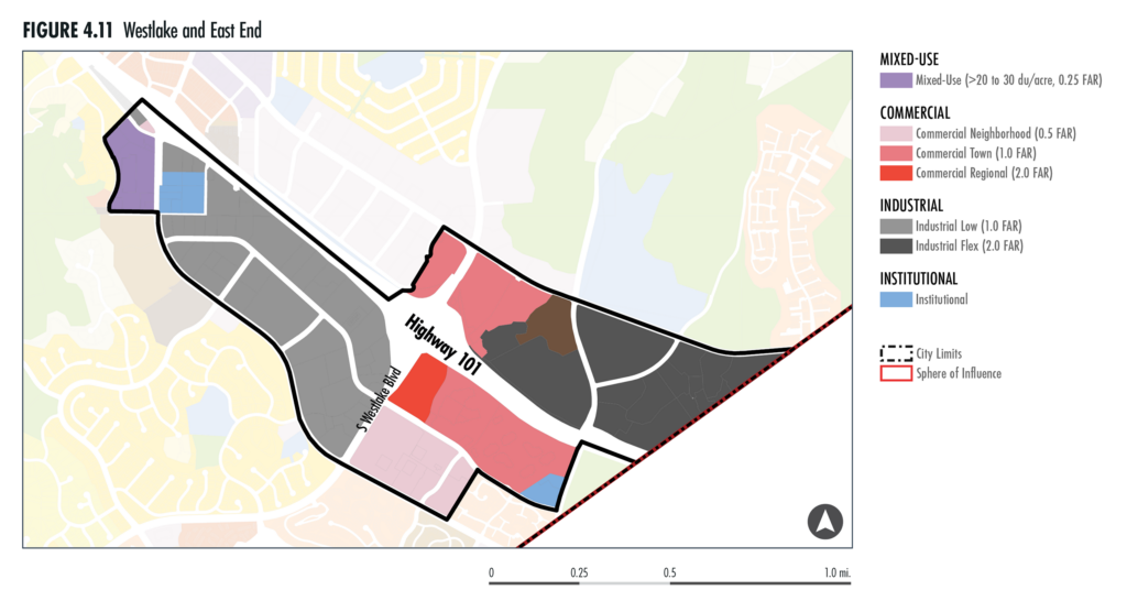 Map of the Westlake and East End sub area depicting the mixed-use, commercial, industrial, and institutional land uses found within.