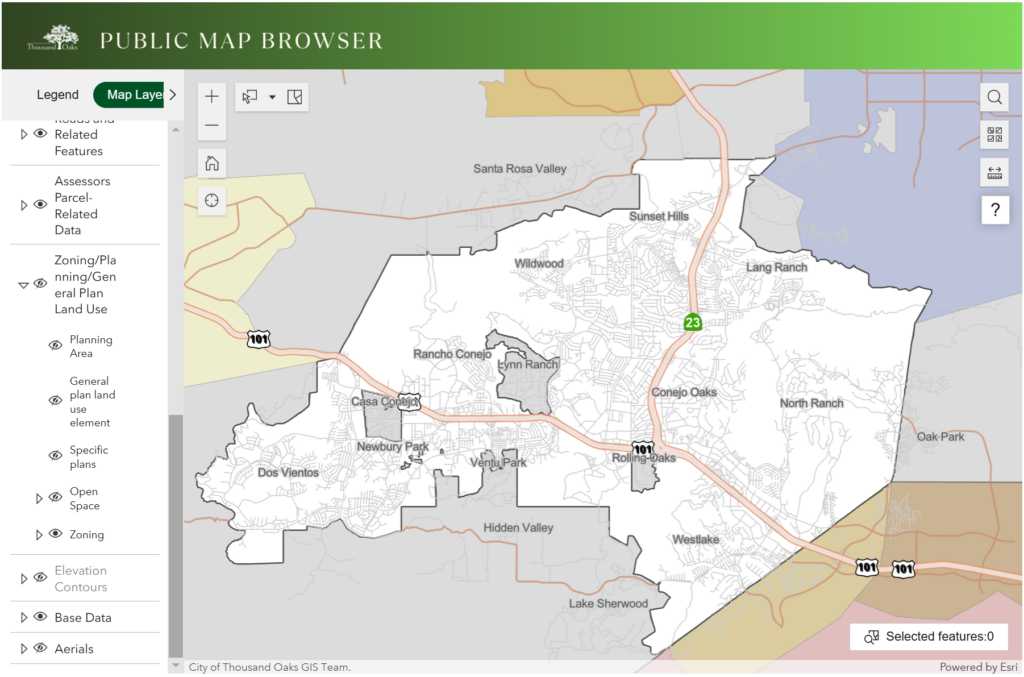 Screenshot of integrated public map browser produced by the City of Thousand Oaks.