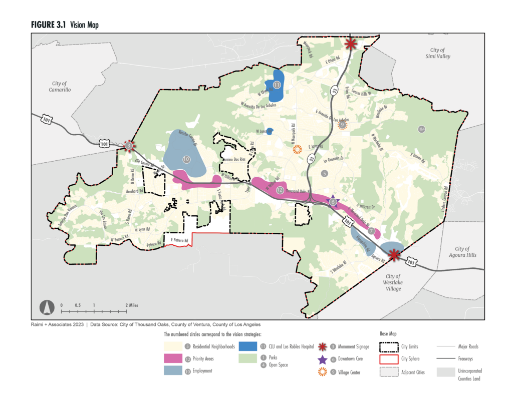 Map depicting the City of Thousand Oaks indicating areas of the City where the community vision statements apply.